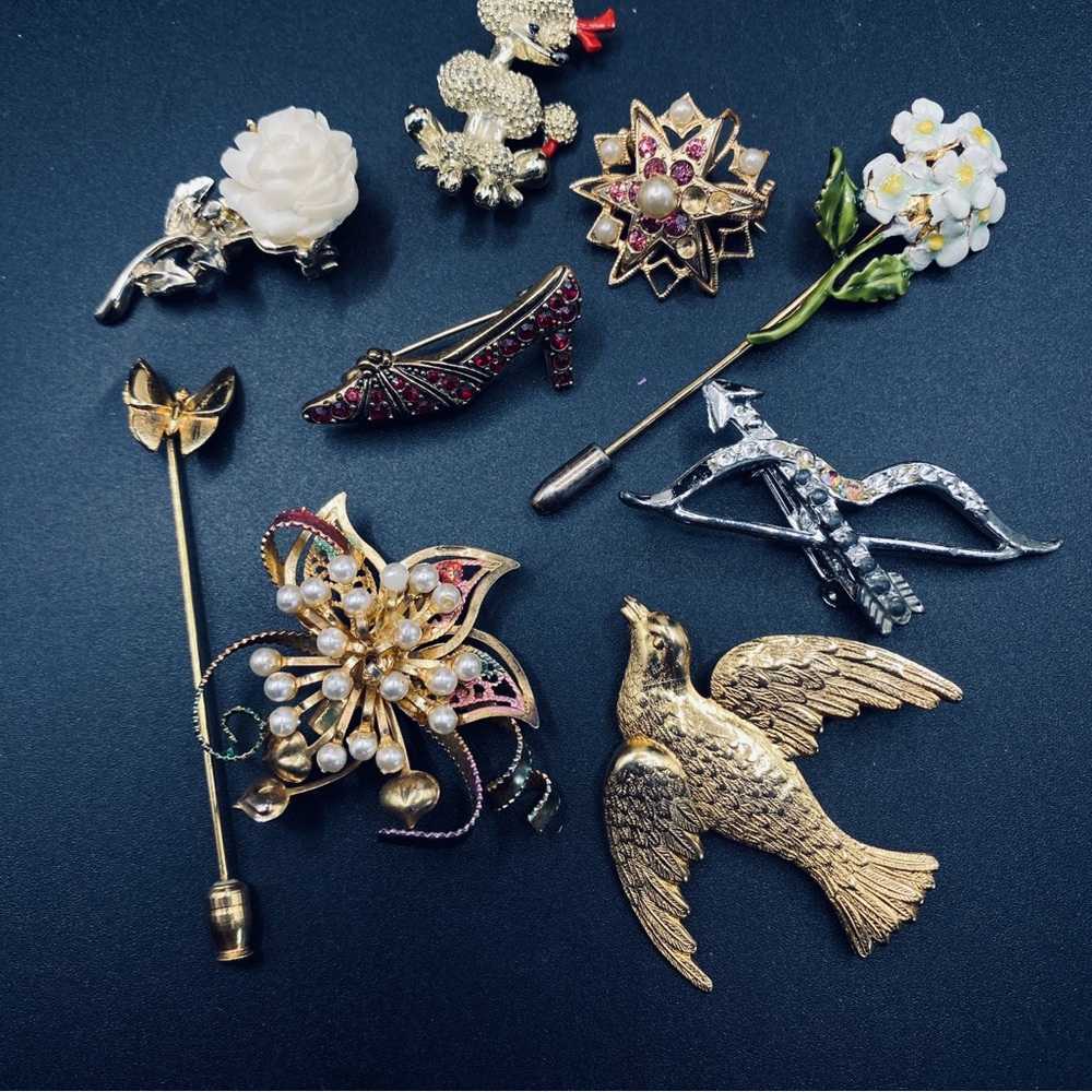 Vintage Brooch Bundle Of 9 Grannycore Floral Rhinestone Butterfly Bird Poodle